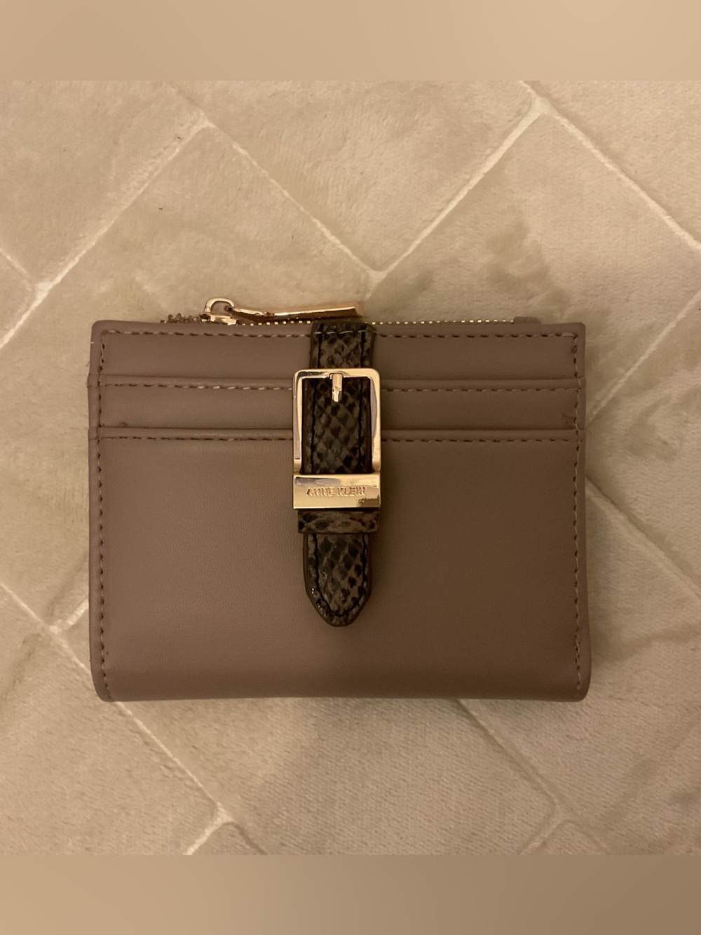 Anne Klein Taupe Wallet with Snake-Print Buckle and Gold Hardware